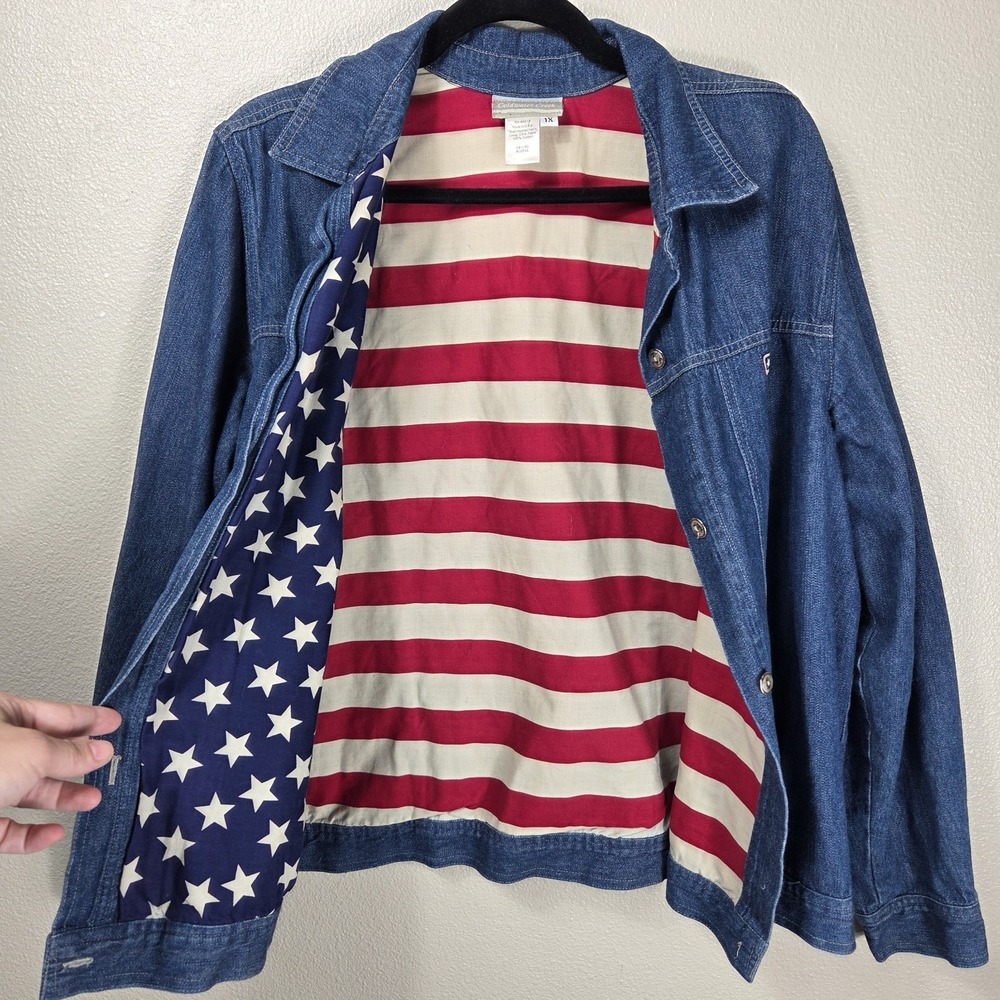 Coldwater Creek Denim Jacket 1X Made in USA American Flag Lining Patriotic...‎